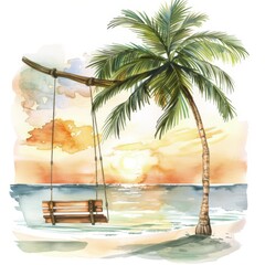 An idyllic beach swing under a palm tree, sunset view, watercolor clipart on white background
