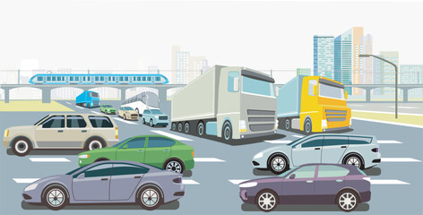 Personenwagen und Lastwagen auf der Autobahn mit Schnellzug,    Illustration - 778773327