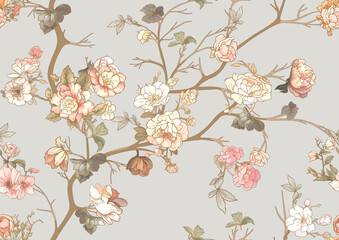 Blossom trees with flowers. Seamless pattern, background. Vector illustration. In Chinoiserie, japandi, botanical style - obrazy, fototapety, plakaty