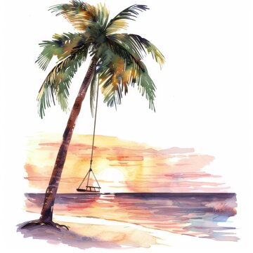 An idyllic beach swing under a palm tree, sunset view, watercolor clipart on white background