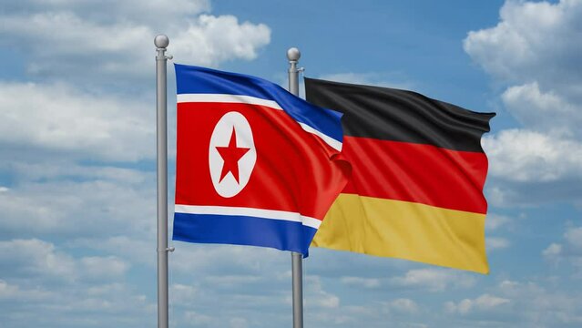 Germany and North Korea two flags waving together, looped video, two country relations concept