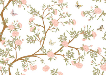 Obraz na płótnie Canvas Blossom trees with flowers and butterflies. Seamless pattern, background. Vector illustration. In Chinoiserie, japandi, botanical style