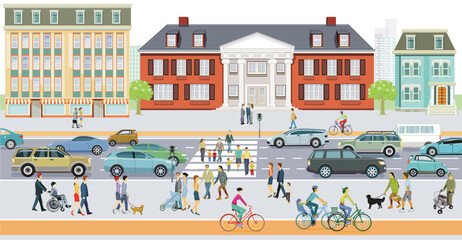 Stadtsilhouette einer Stadt mit Verkehr  und Personen, illustration - 778773557