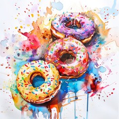 Donuts with glaze, colorful toppings splash, watercolor,