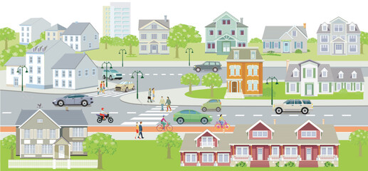 Stadtsilhouette mit Menschengruppen in der Vorstadt im Wohnviertel,–  Illustration - 778773594