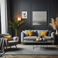 Stylish gray sofa and yellow pillow in a cozy apartment with a plain dark grey wall.