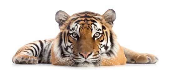 Obraz premium portrait of a Tiger lying on a white background.AI generated image