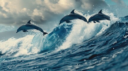 beautiful dolphins jumping over breaking sea waves.AI generated image