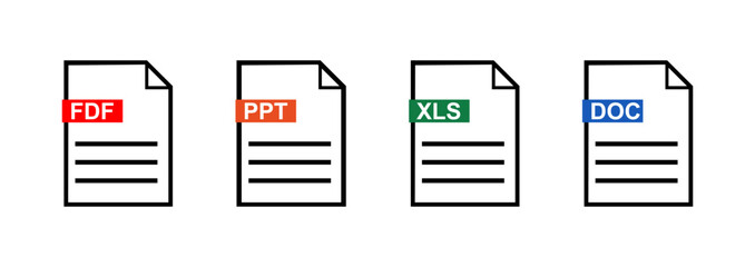 Document file icons. Doc, Pdf, Xls, Ppt flat icon. Vector illustration.