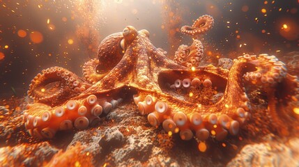 close-up photo of an octopus on the ocean floor with golden light reflection particles - obrazy, fototapety, plakaty