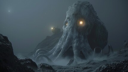 An alien octopus walks on land with glowing eyes - obrazy, fototapety, plakaty