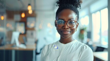 Cheerful young African woman wearing glasses smiling in a modern office environment with a pleasant demeanor - obrazy, fototapety, plakaty