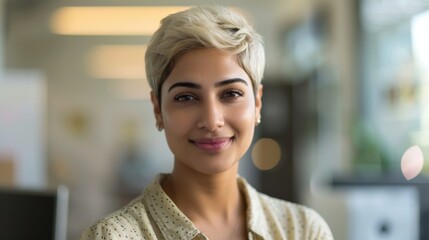 A professional-looking woman with short blonde hair smiles confidently at the camera with a blurred office background