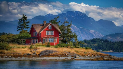Fototapeta na wymiar red wooden house on the beach.AI generated image