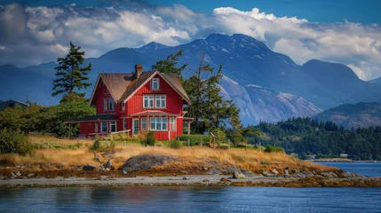 Fototapete Rund red wooden house on the beach.AI generated image © Daisha