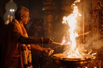 An Indian priest captured in the act of a traditional fire ritual, highlighting elements of culture, religion, and ancient practices