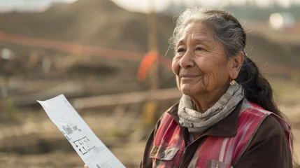 Fototapeten A smiling elder woman confidently holds building plans in a construction site setting © ChaoticMind