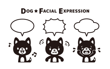 Set of black-and-white illustrations of dogs with various facial expressions and speech balloons