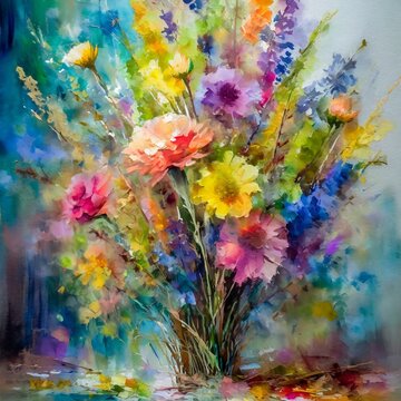 abstract watercolor background.a lush bouquet of dried flowers bursting with life and vitality. Experiment with bold brushstrokes and rich textures to convey the tactile qualities of the flowers, infu