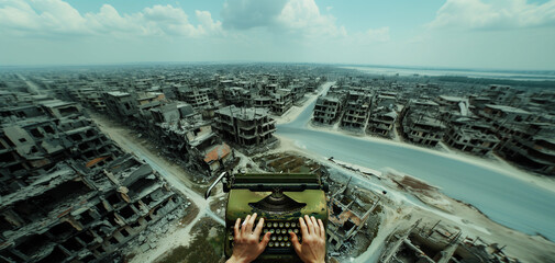 Post-apocalyptic war urban landscape writing concept from typewriter perspective