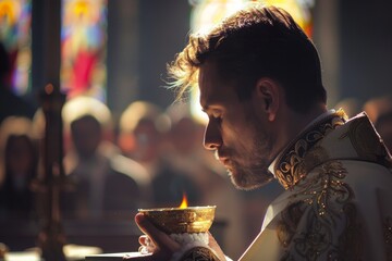 A solemn priest is pictured performing a religious service, invoking a sense of tradition, spirituality, and sacred ceremony