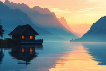 a serene lakeside scene with a minimalist cottage silhouette against the backdrop of majestic...