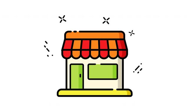 animation and motion icon of food store with red roof, suitable for retail, local business, small town, market, cartoon illustration, commercial use, storefront design.
