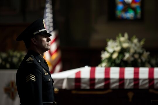 Silhouetted military officer standing guard next to an American flag-draped casket during a funeral ceremony