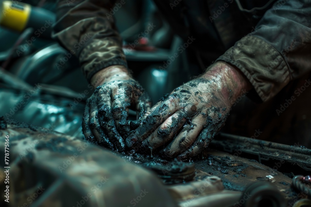Poster Close-up of a mechanic's hands covered in grease and oil while working on machinery parts in a workshop