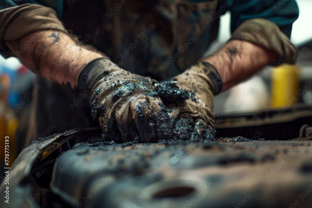 Aufkleber Close-up view of a worker's hands thoroughly covered in grease while fixing engine parts in a workshop