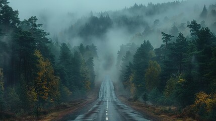 Empty rural road passing by forest on foggy day - Generative AI - obrazy, fototapety, plakaty