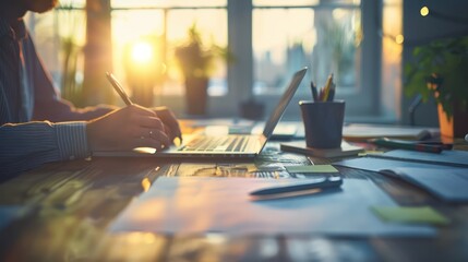 Obraz premium A person is writing on a laptop at a desk with a potted plant in the background