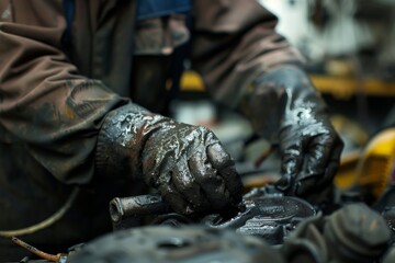 Detailed shot of a mechanic's hands covered in grime repairing or adjusting heavy machinery parts