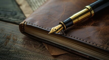 A pen is sitting on top of a leather bound book - Powered by Adobe
