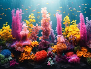 coral reef teeming with marine life, vibrant colors of corals, fish, and underwater plants