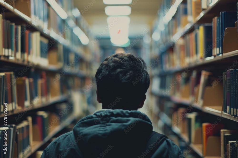 Poster a young individual stands amidst bookshelves, seemingly deep in thought or deciding on a book to pic
