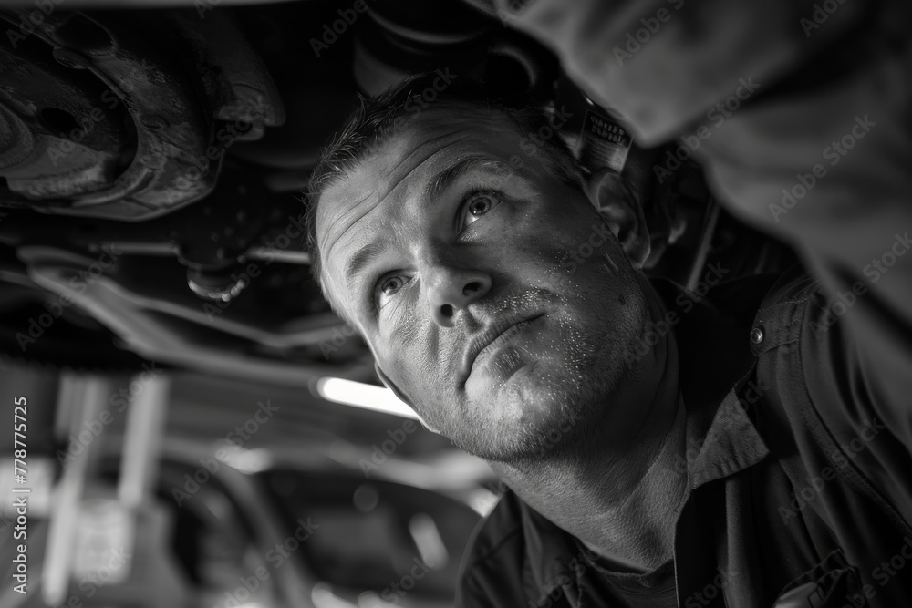 Poster black and white image depicting a mechanic inspecting or working on the underside of a car, showing 