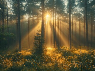 Obraz premium Sunbeams pour through trees in misty forest, Beautiful nature at morning in the misty spring forest