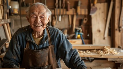 A senior carpenter is shown immersed in his craft, surrounded by the tools and wood shavings of his trade in a rustic workshop setting