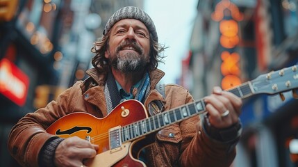 Mature man playing guitar in a city - Generative AI - obrazy, fototapety, plakaty