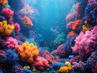 Naklejka na ściany i meble coral reef teeming with marine life, vibrant colors of corals, fish, and underwater plants