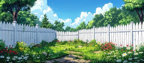 A garden with flowers and trees is enclosed by a white picket fence, creating a picturesque scene against the backdrop of the sky and fluffy clouds