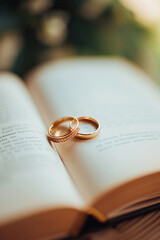 gold wedding rings on a book close-up