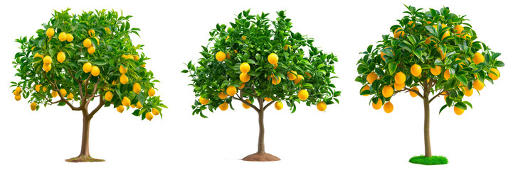 A set of lemon trees isolated on a white or transparent background. A close-up of a lemon trees with yellow lemons. A graphic design element on the theme of nature and tree care.