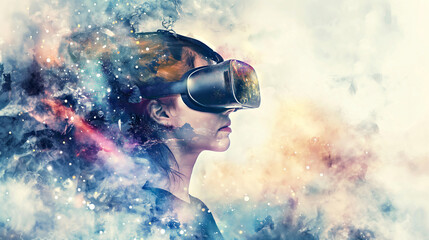 watercolor illustration of woman in vr goggles. Virtual reality experience. Technologies of future