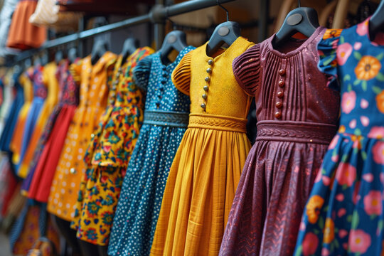 In the store, there are many colorful dresses hanging in the windows, offering a wide selection.