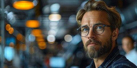 Obraz premium A handsome, serious man with glasses exudes confidence and professionalism.