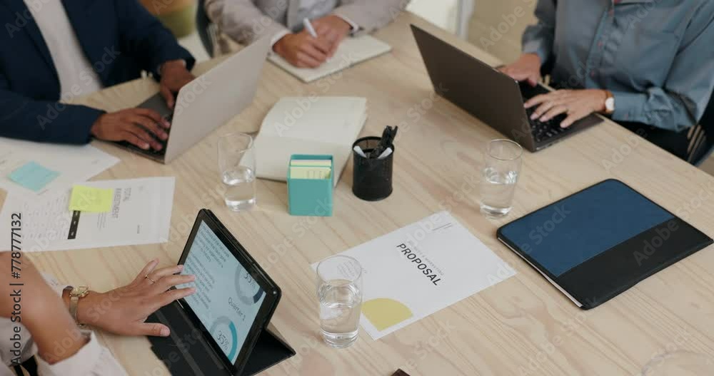 Poster Hands, meeting and paperwork with tech for notes, planning with research and business proposal. Laptop, tablet and team of people in discussion, strategy ideas and data analysis for corporate project