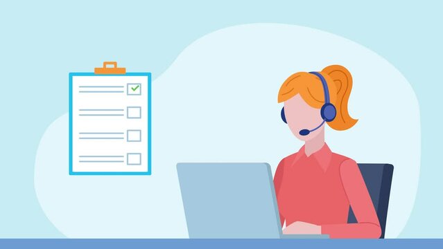 Flat design animation woman who takes a knowledge test and passes it. She marks all the answers correctly. A like icon and 5 stars appear.