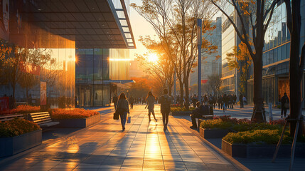 Modern style office building, High-structure system like truss design, Seoul city, people walking and sitting on the banch, birds-eyes-view, warm and relax, cool sunlight.